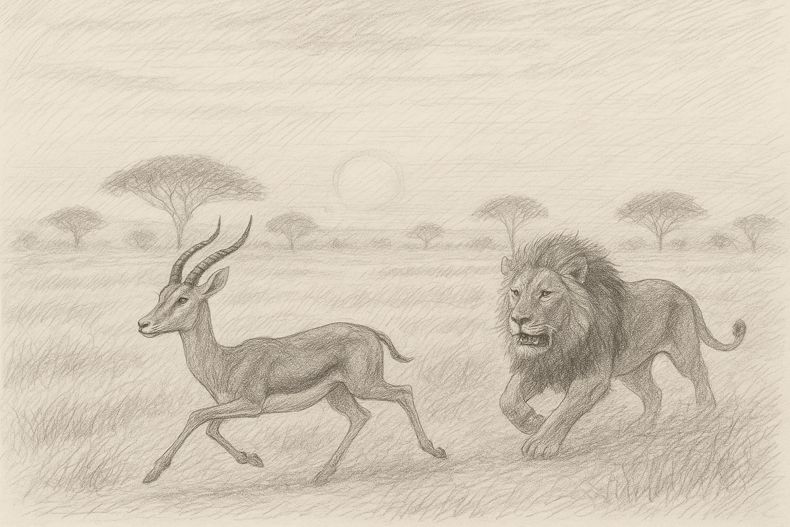 Gazzella che corre inseguita da un leone nella savana africana, al tramonto.