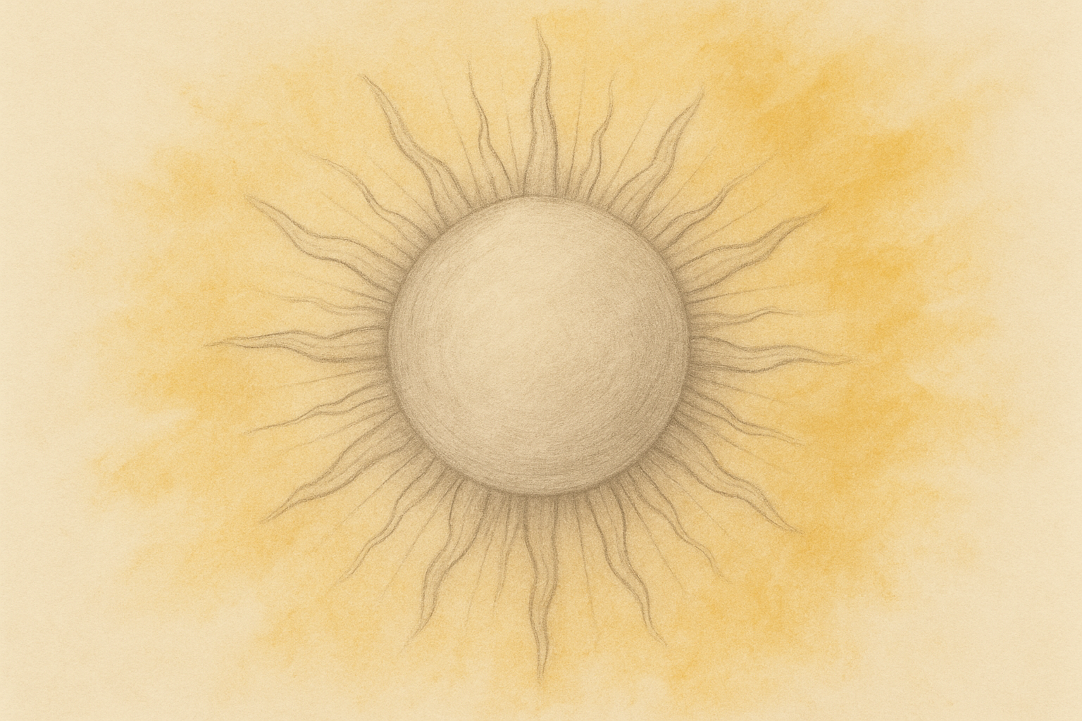 Illustrazione di un sole disegnato a matita, con raggi morbidi e sfumati su sfondo giallo tenue.