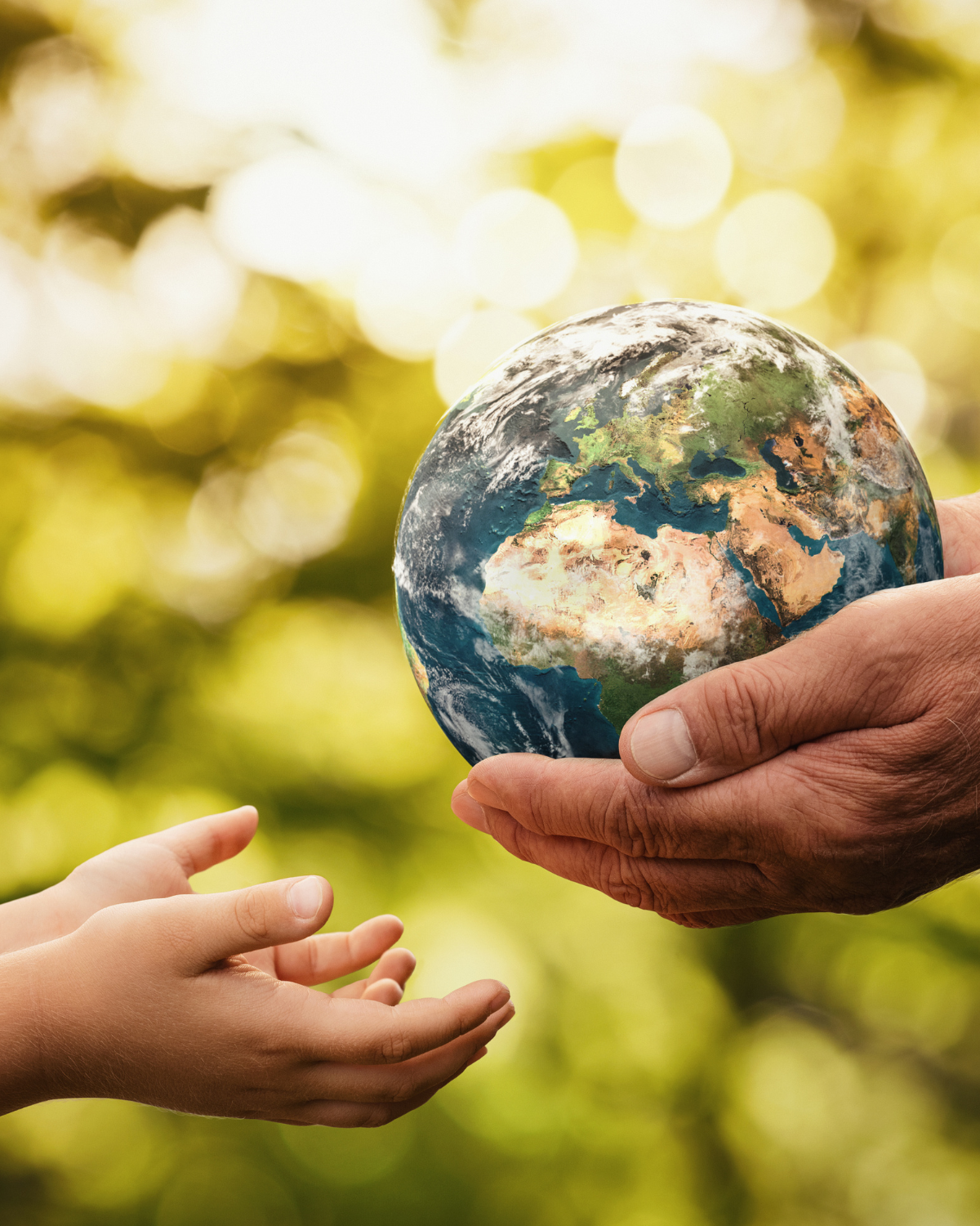Mani di un adulto e di un bambino che si passano un globo terrestre, simbolo di eredità e sostenibilità, con uno sfondo verde naturale.