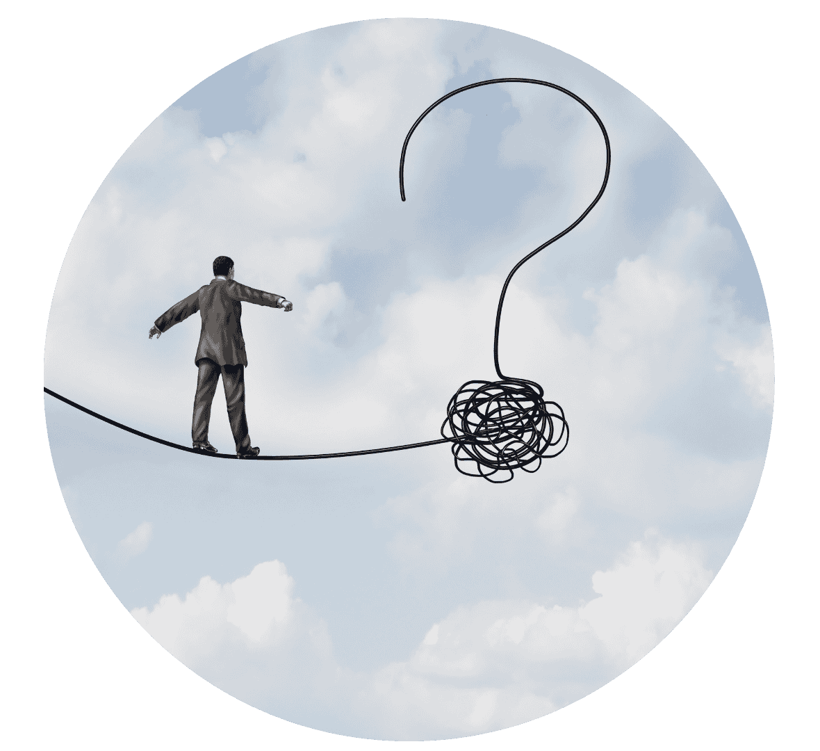 Uomo in equilibrio su un filo che conduce a un punto interrogativo, simbolo di incertezza e trasformazione interiore.