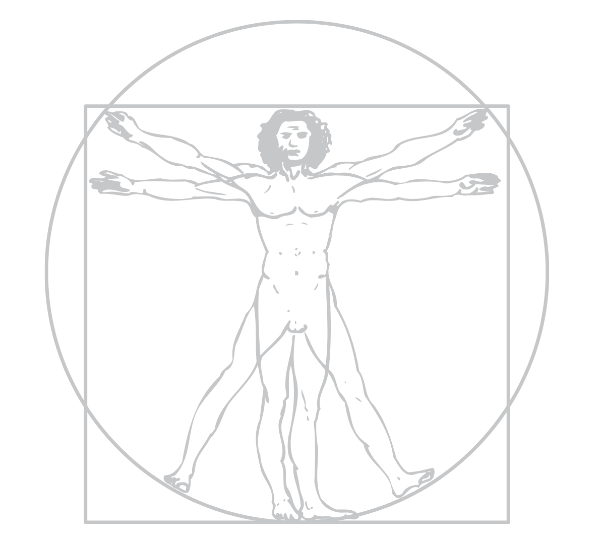 Rappresentazione stilizzata dell'Uomo Vitruviano, simbolo di equilibrio tra corpo, mente e spirito nell'apprendimento trasformativo.