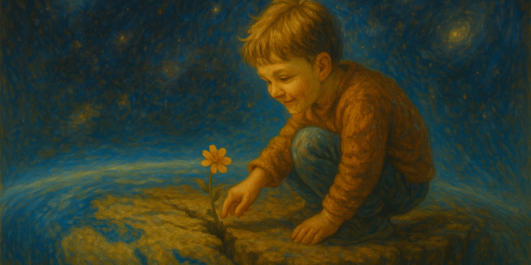 Bambino accovacciato su una zolla terrestre sospesa nello spazio mentre tocca un fiore cresciuto su una faglia, con lo sfondo dell’universo e galassie luminose.