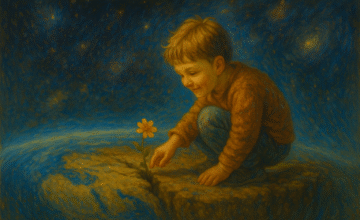 Bambino accovacciato su una zolla terrestre sospesa nello spazio mentre tocca un fiore cresciuto su una faglia, con lo sfondo dell’universo e galassie luminose.
