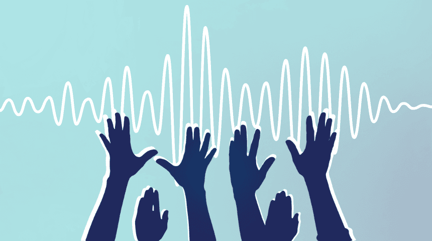 Illustrazione di mani alzate con onde sonore, simbolo di ascolto e dialogo intergenerazionale in azienda