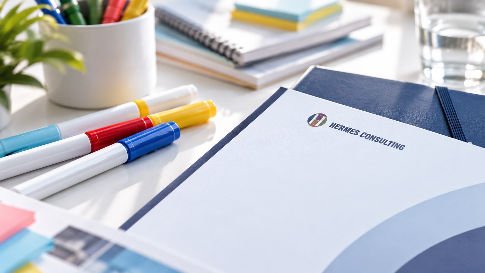 Materiali di lavoro Hermes Consulting su un tavolo