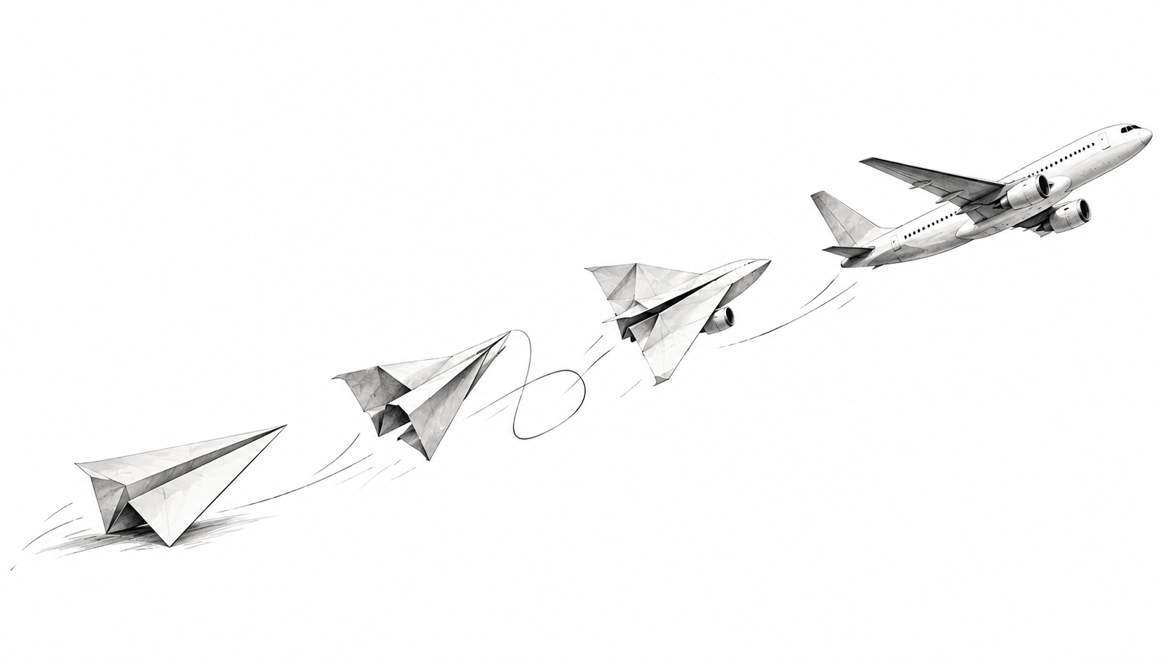 Illustrazione di aeroplani di carta che si trasformano in un aereo di linea