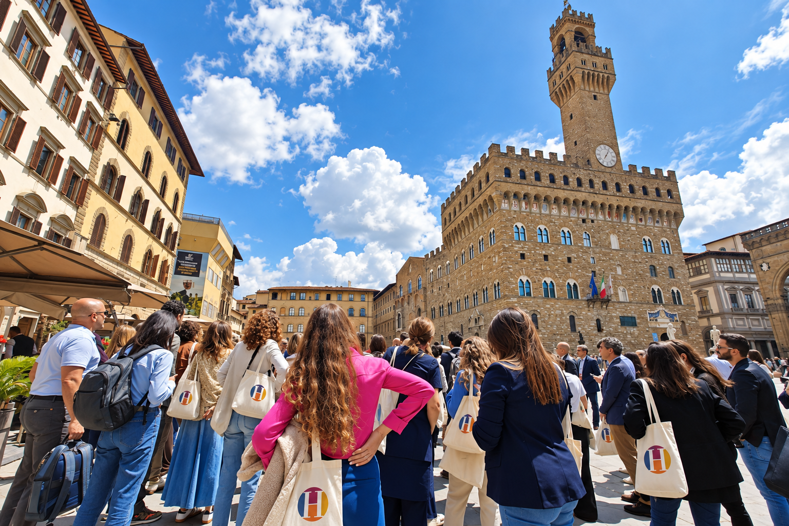 Gruppo di persone in visita a Piazza della Signoria a Firenze