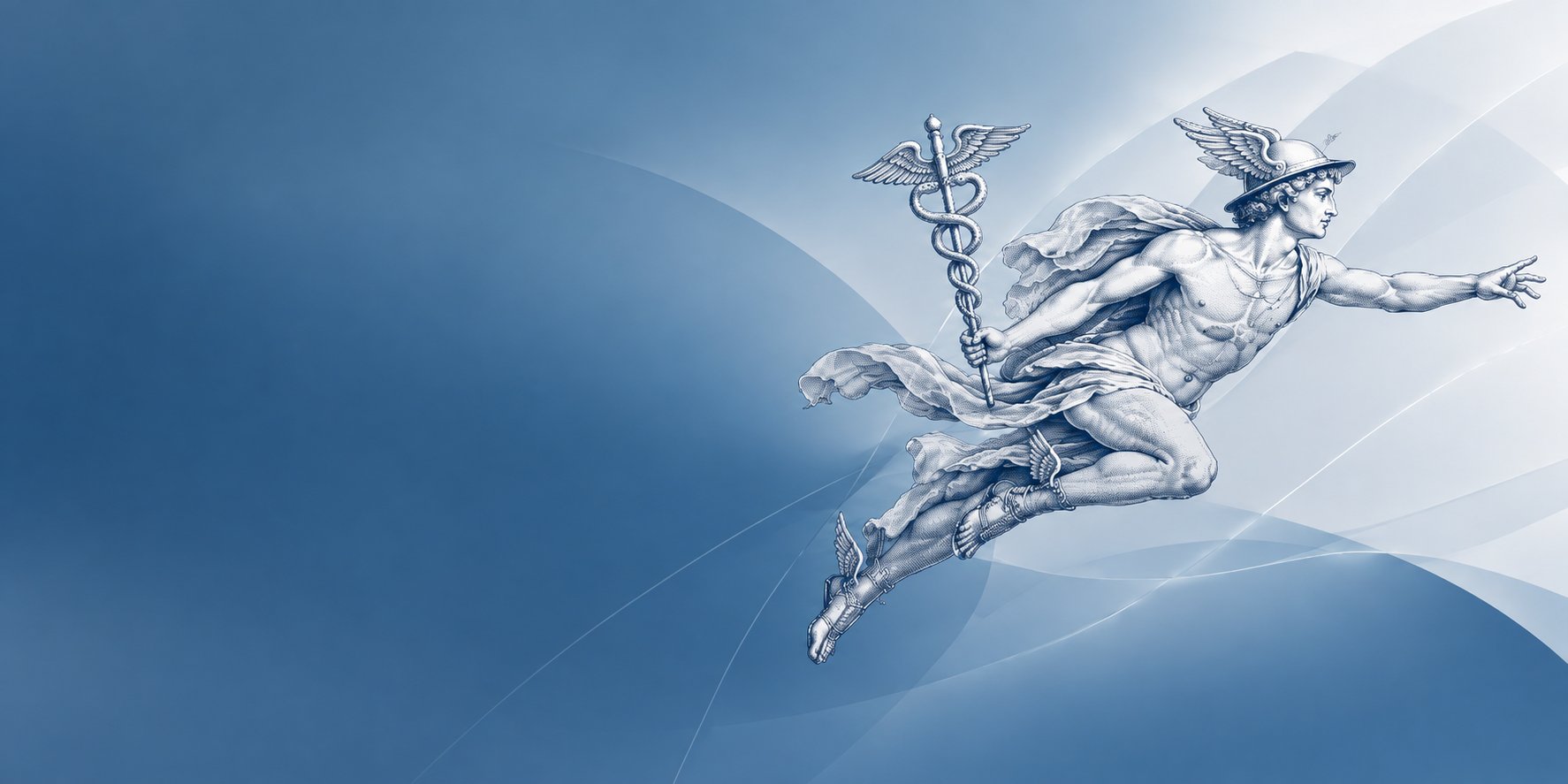 Illustrazione di Hermes in volo su sfondo blu